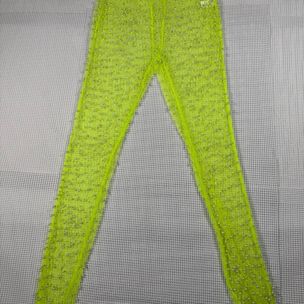 Akira Perla Neon Yellow Mesh Leggings Pearl Rhinestone Rave Festival Small